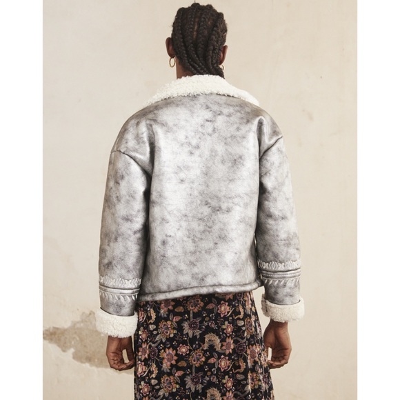 NKN Nekane Gaia Silver Faux Leather Embroidered Aviator Bomber Jacket Small - Picture 2 of 12